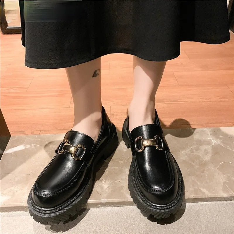 2022 Shoes for Women Loafers Ladies Thick Sole Slip on Flats Creepers Leather Platform Shoes Casual Buckle Shoe Zapatos De Mujer