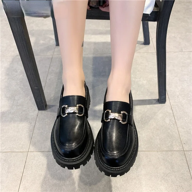 2022 Shoes for Women Loafers Ladies Thick Sole Slip on Flats Creepers Leather Platform Shoes Casual Buckle Shoe Zapatos De Mujer