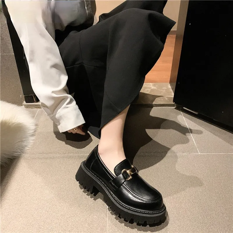 2022 Shoes for Women Loafers Ladies Thick Sole Slip on Flats Creepers Leather Platform Shoes Casual Buckle Shoe Zapatos De Mujer