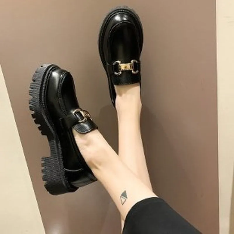 2022 Shoes for Women Loafers Ladies Thick Sole Slip on Flats Creepers Leather Platform Shoes Casual Buckle Shoe Zapatos De Mujer