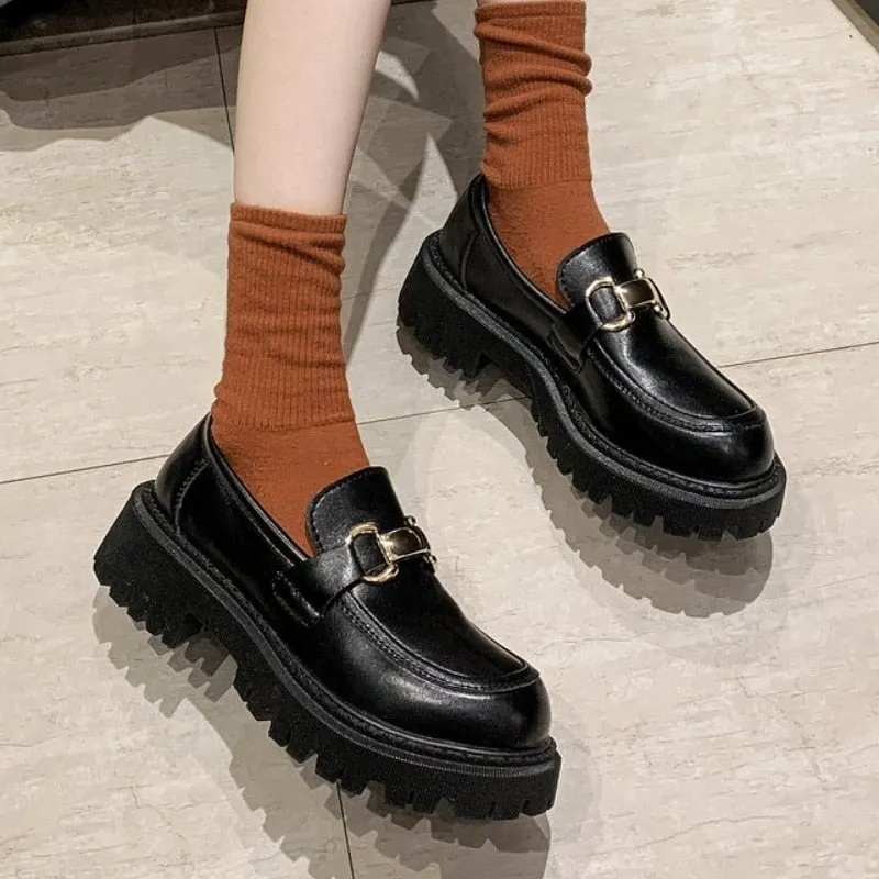 2022 Shoes for Women Loafers Ladies Thick Sole Slip on Flats Creepers Leather Platform Shoes Casual Buckle Shoe Zapatos De Mujer
