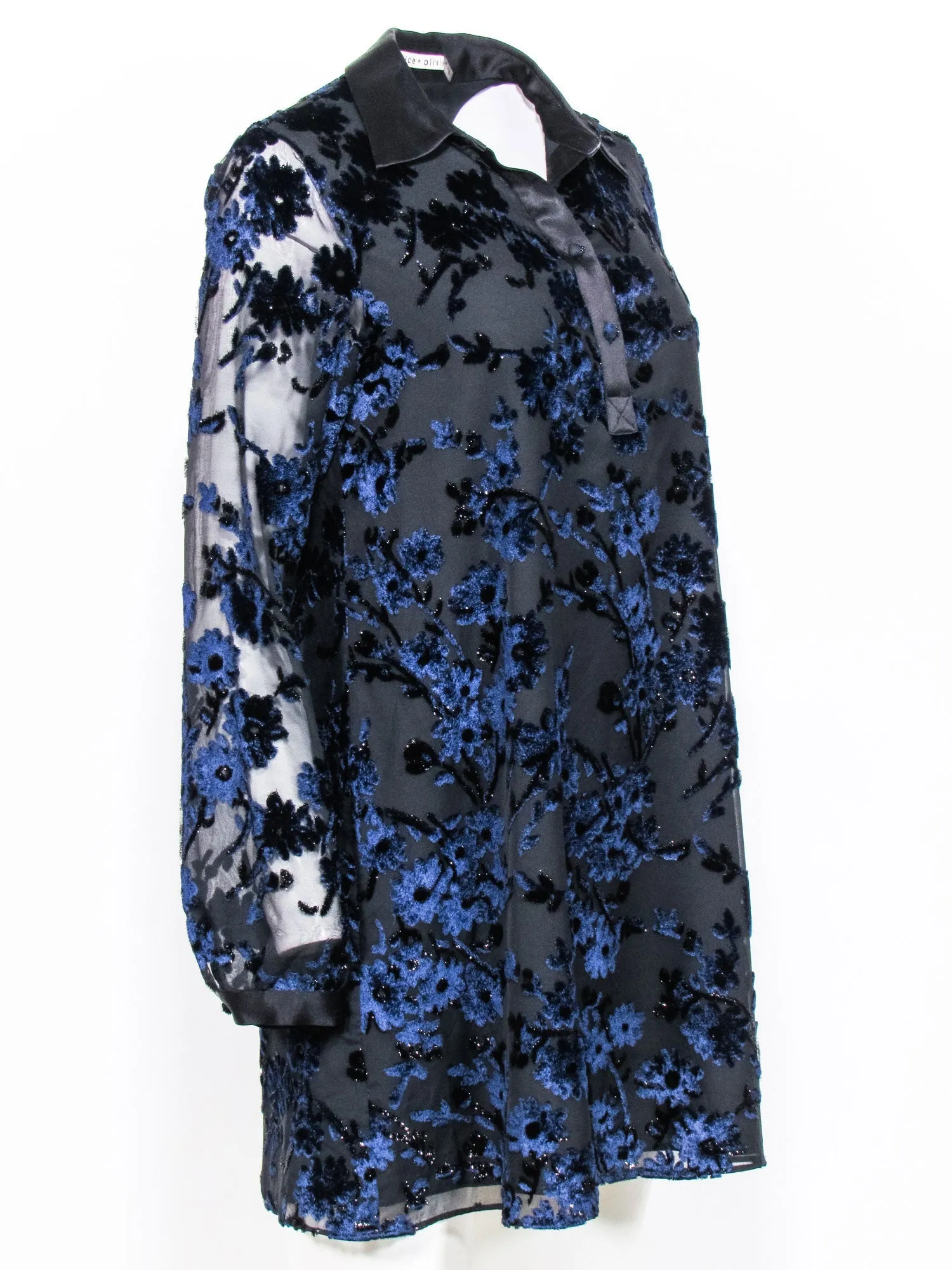 Alice & Olivia - Black & Navy Velvet Floral Pattern Shift Dress Sz 6