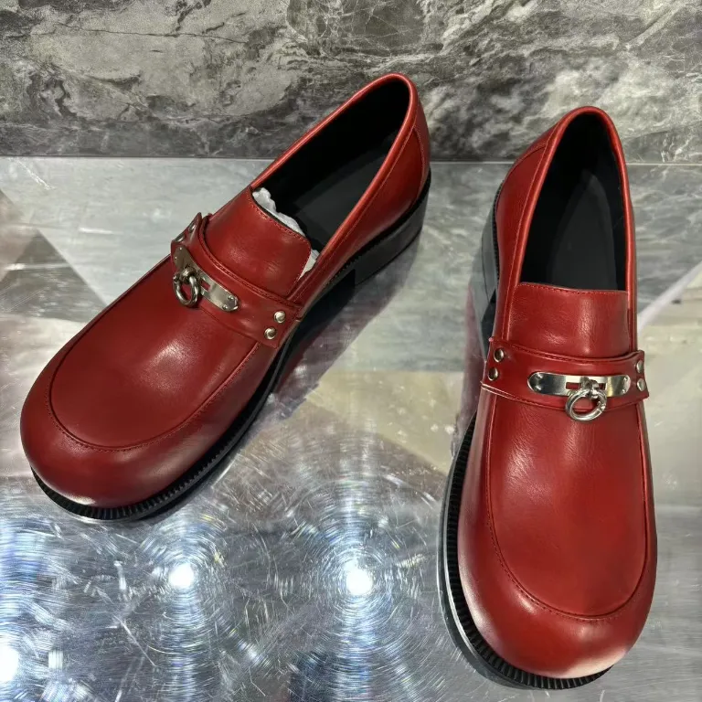 Black Round Toe Metal Buckle Chunky Loafers