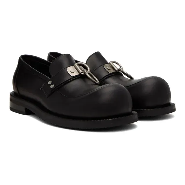 Black Round Toe Metal Buckle Chunky Loafers
