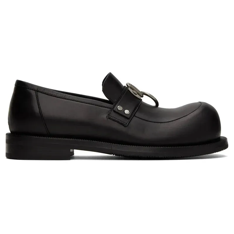 Black Round Toe Metal Buckle Chunky Loafers