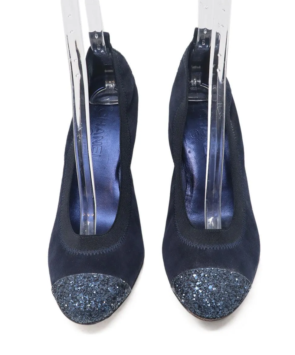 Chanel Navy Suede Glitter Heels sz 11.5