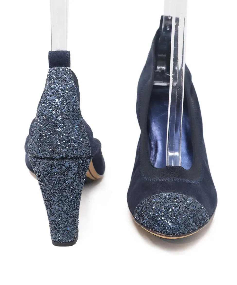 Chanel Navy Suede Glitter Heels sz 11.5
