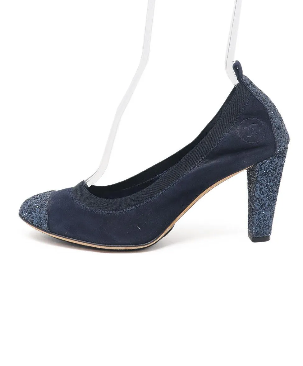 Chanel Navy Suede Glitter Heels sz 11.5