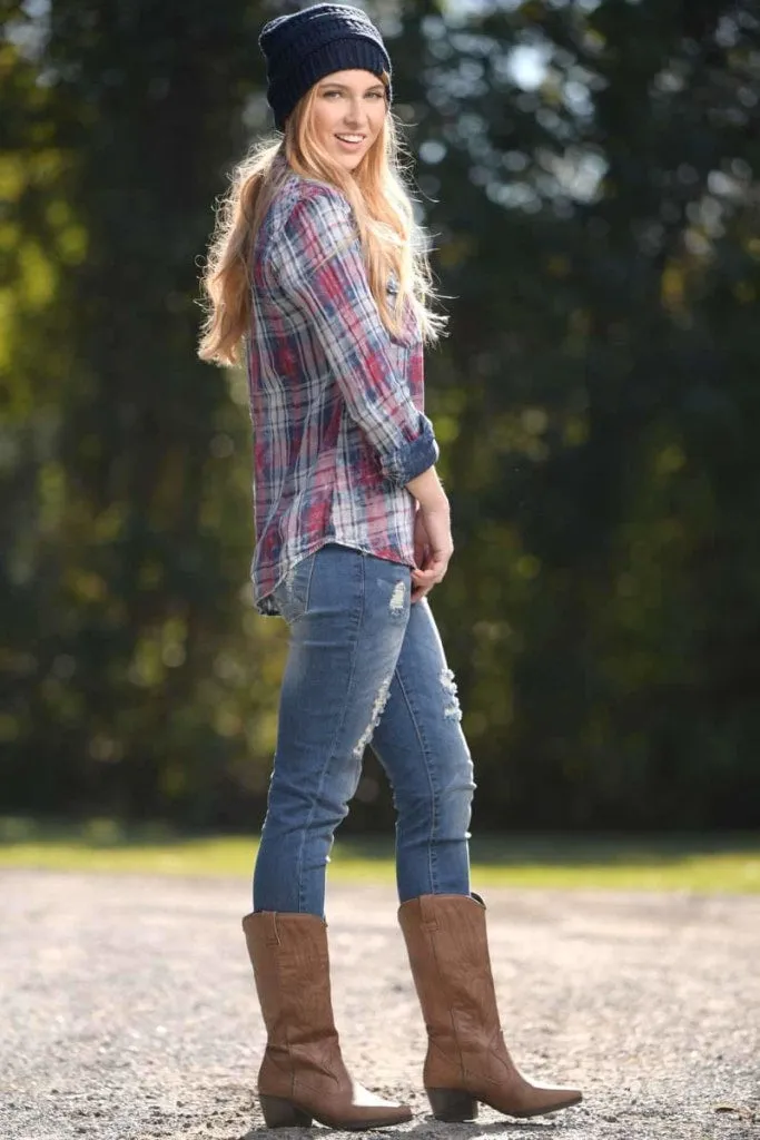 Country Kiss - Flannel Blue & Red Shirt