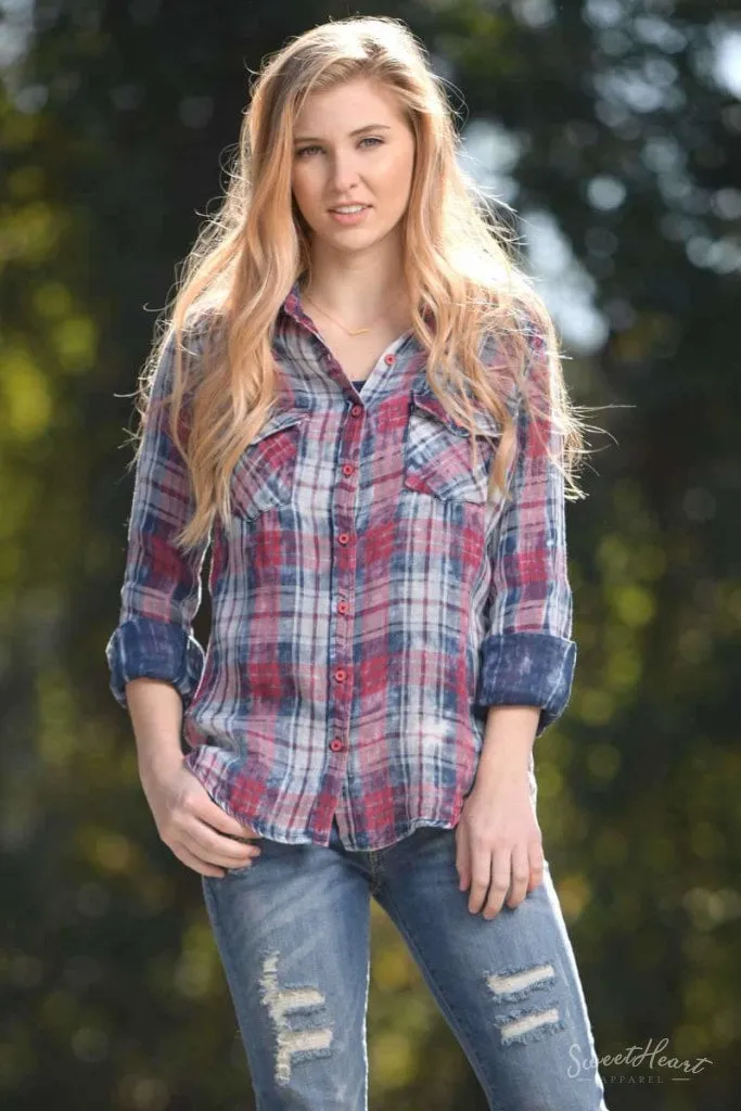 Country Kiss - Flannel Blue & Red Shirt