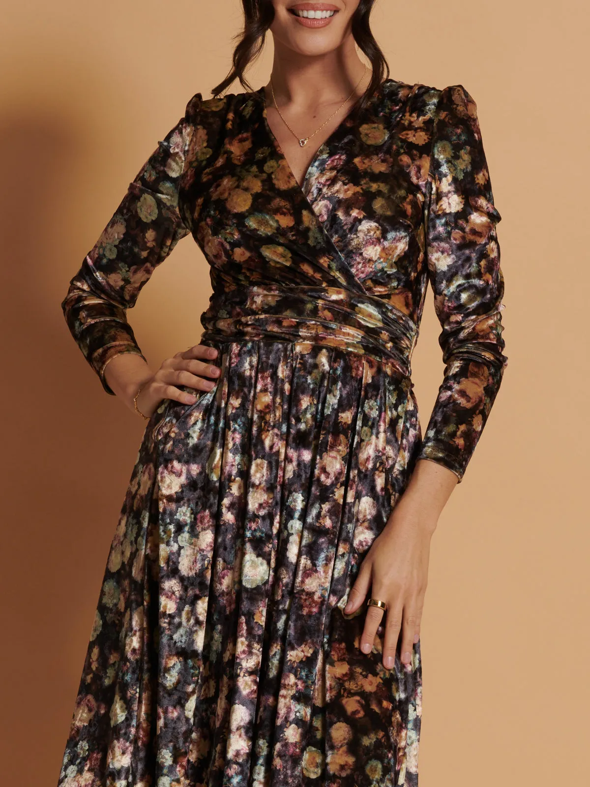 Floral Print Velvet Dress, Black Floral