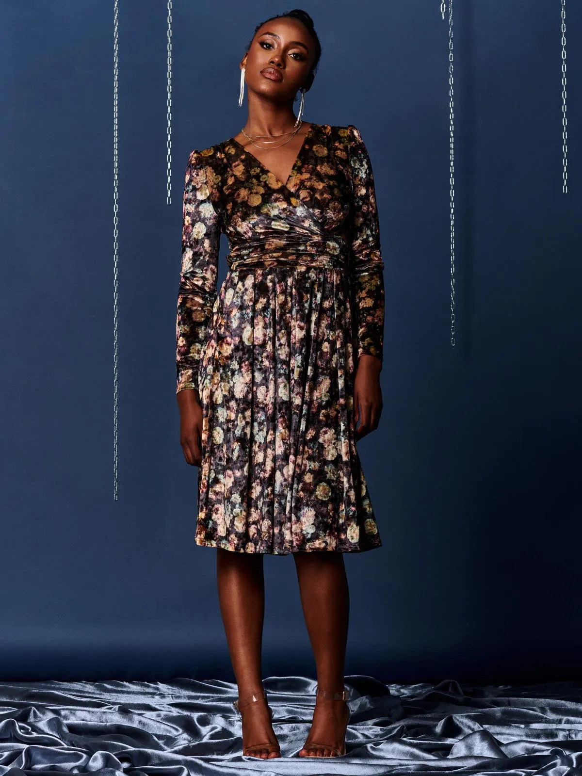 Floral Print Velvet Dress, Black Floral