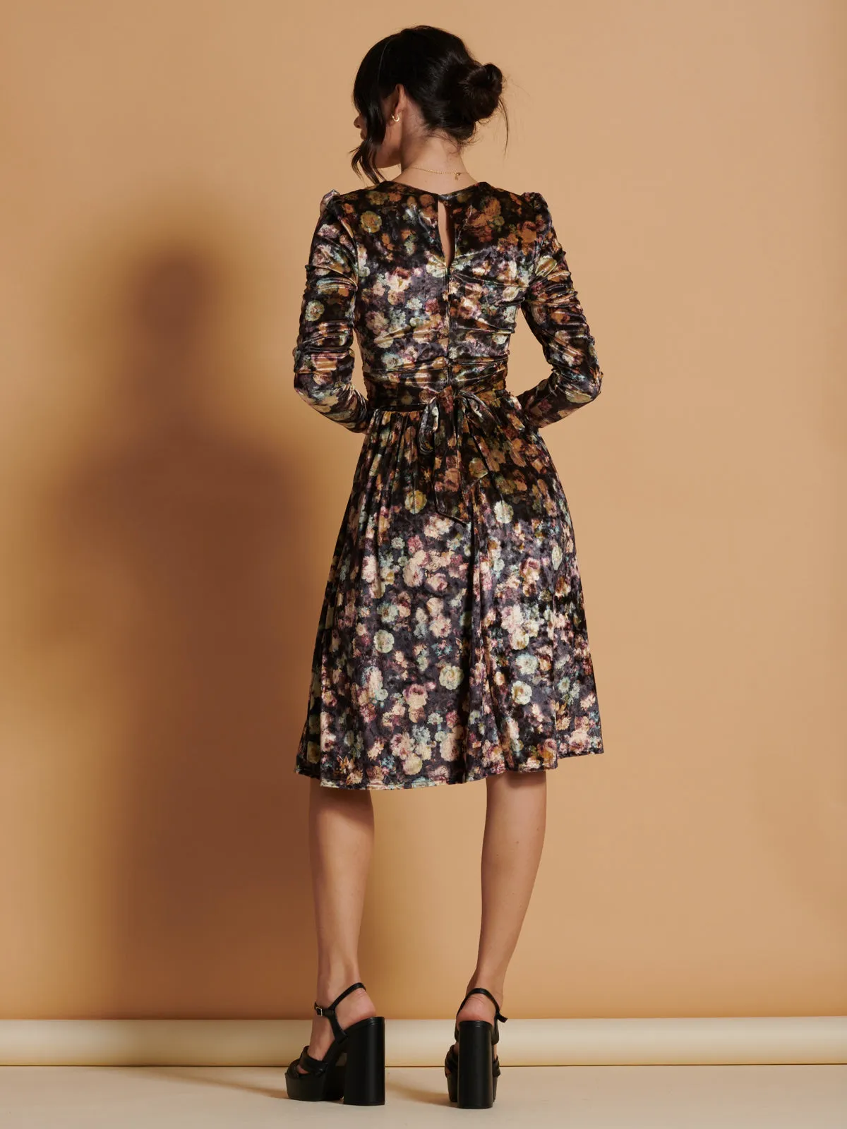 Floral Print Velvet Dress, Black Floral