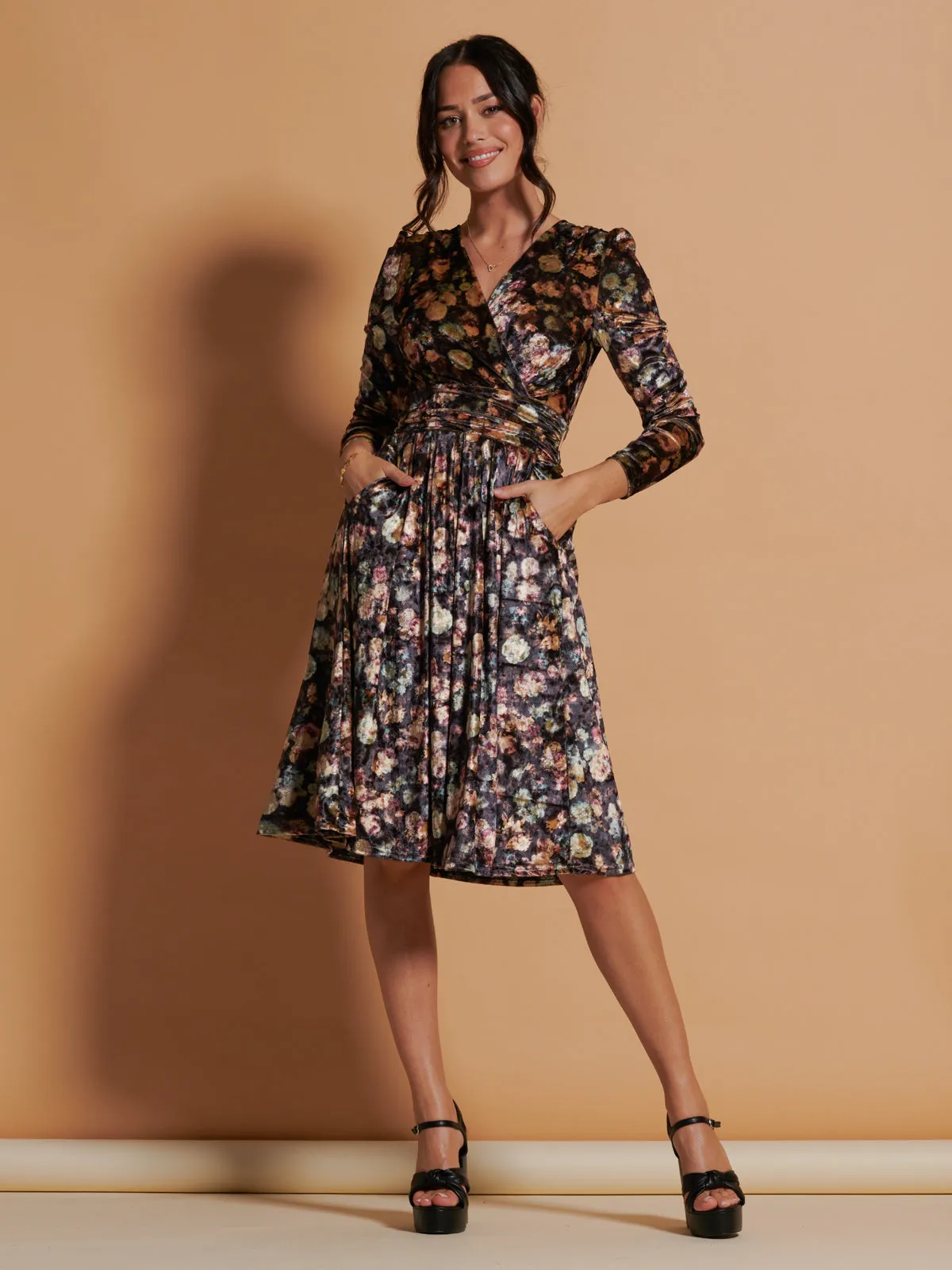 Floral Print Velvet Dress, Black Floral