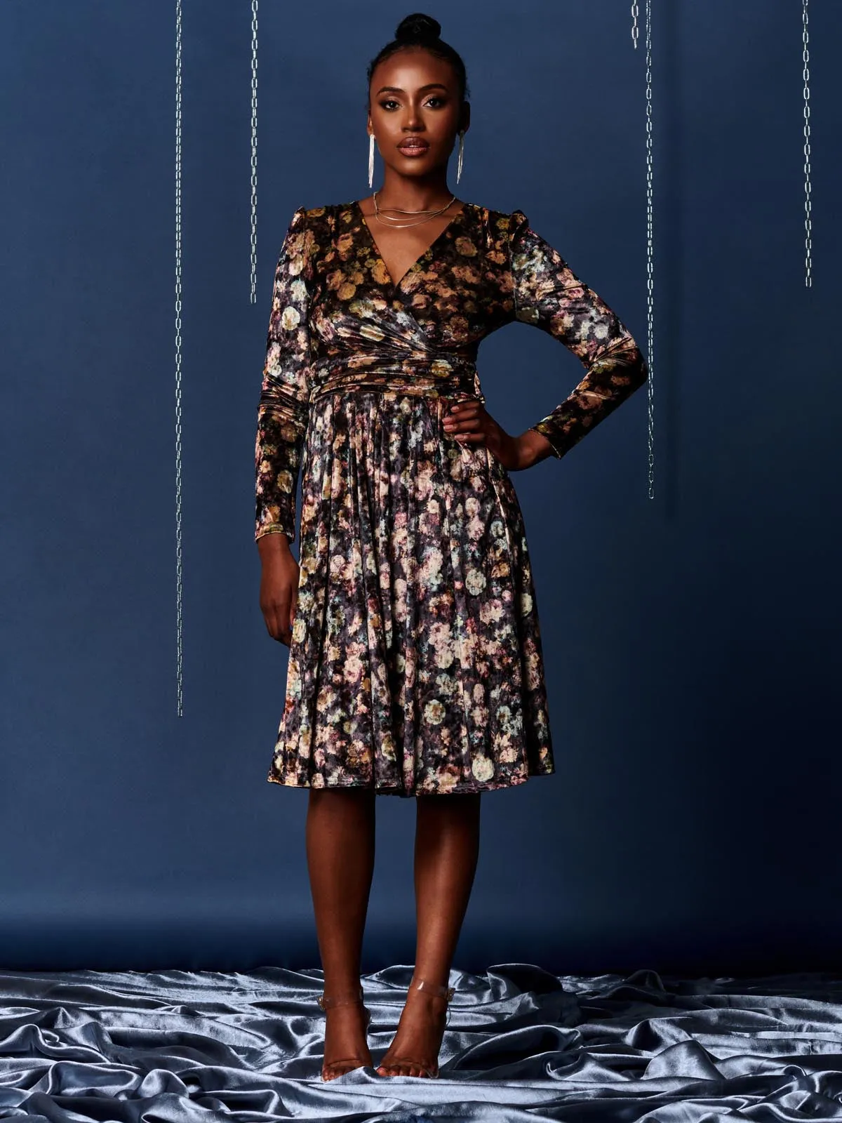Floral Print Velvet Dress, Black Floral