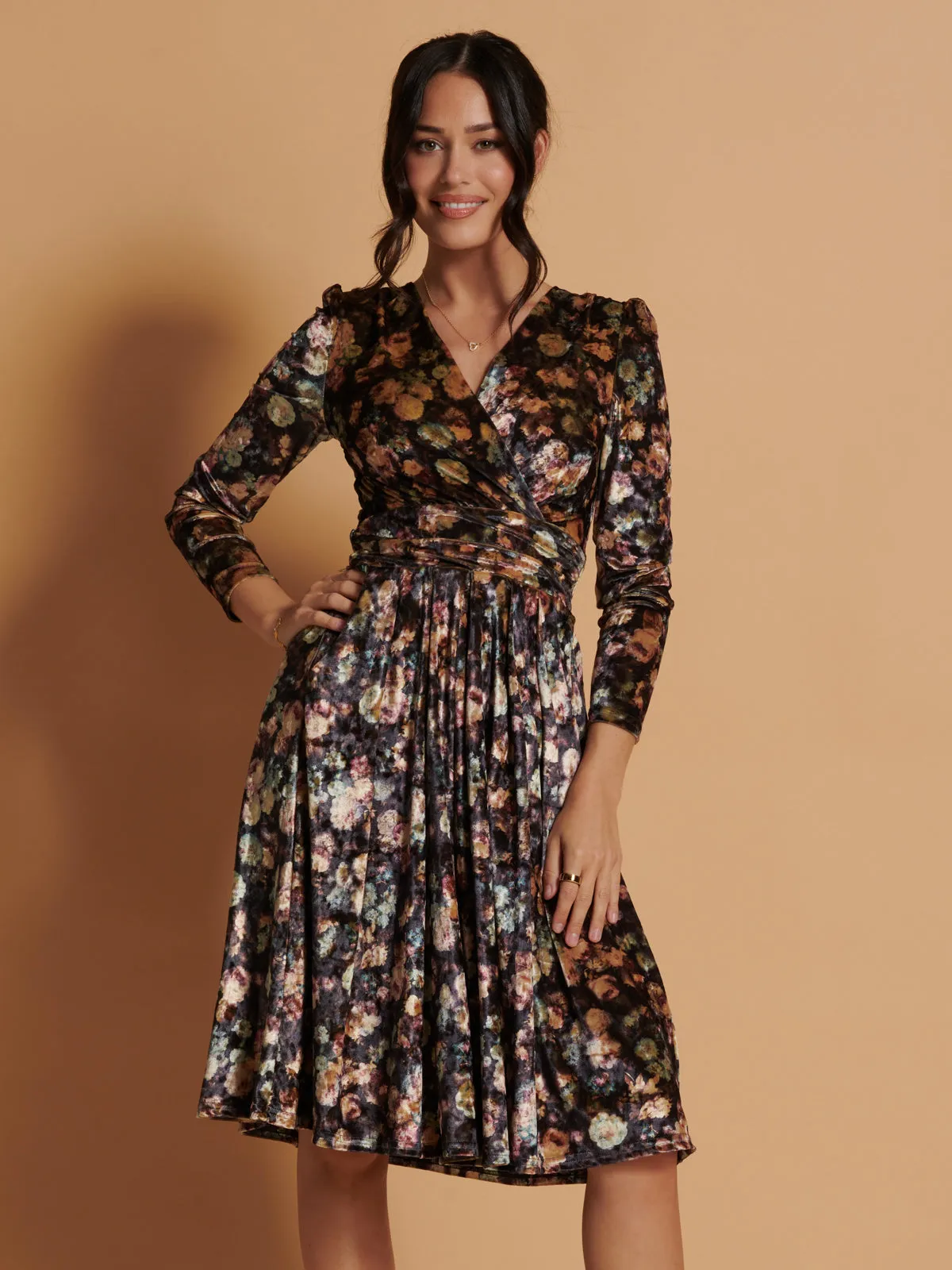 Floral Print Velvet Dress, Black Floral