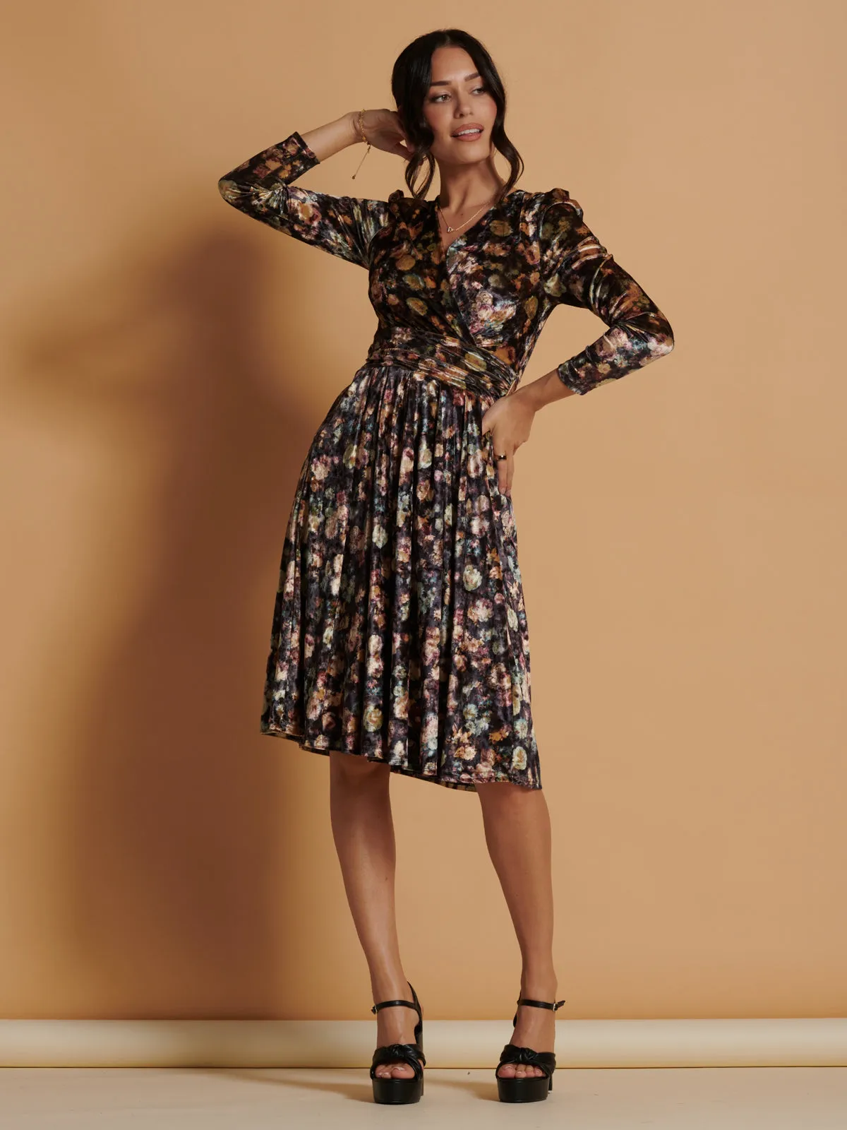 Floral Print Velvet Dress, Black Floral