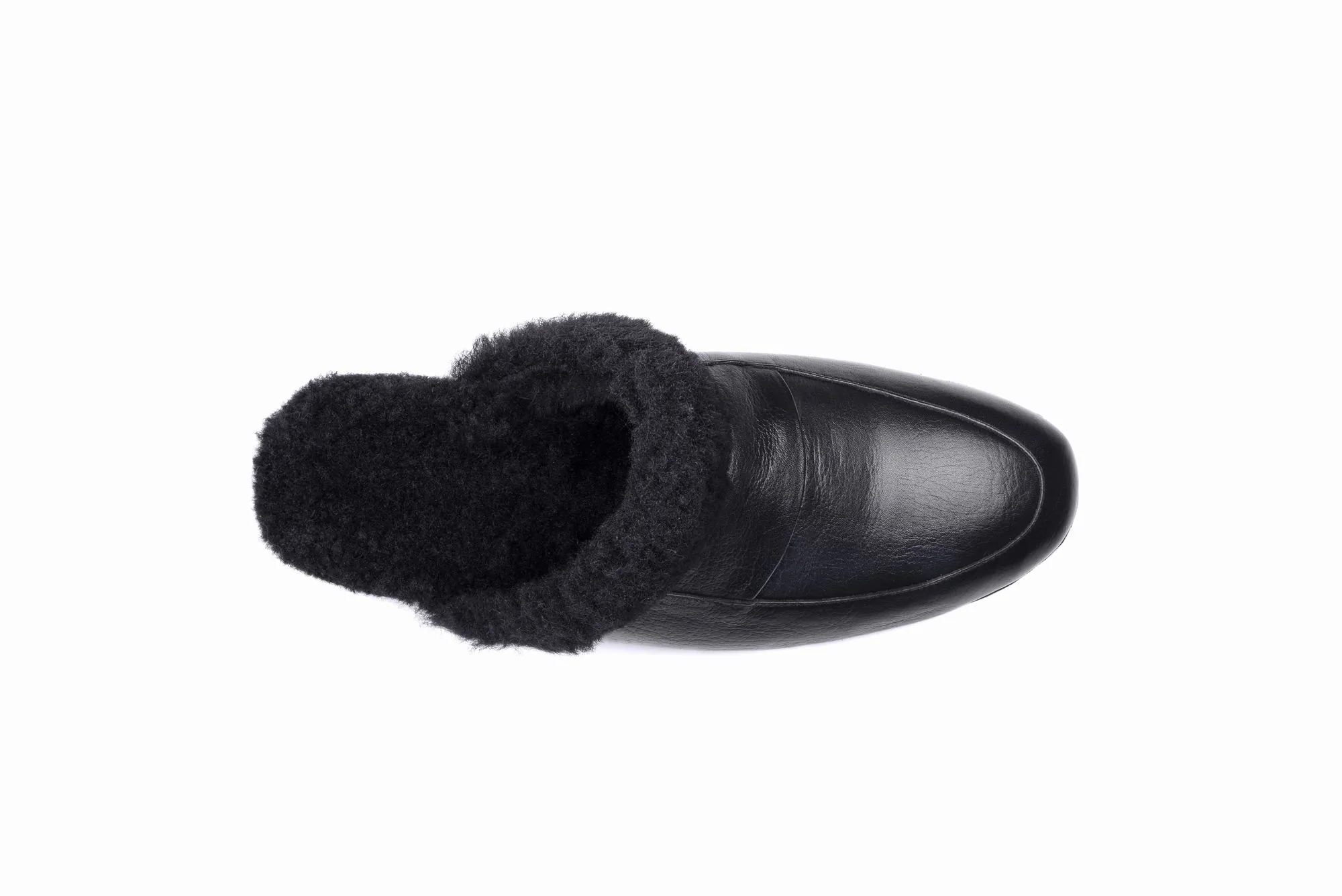 FOOT FEDERATION NATURAL FUR LINED MOC-TOE MEN'S LEATHER SLIPPER BLACK
