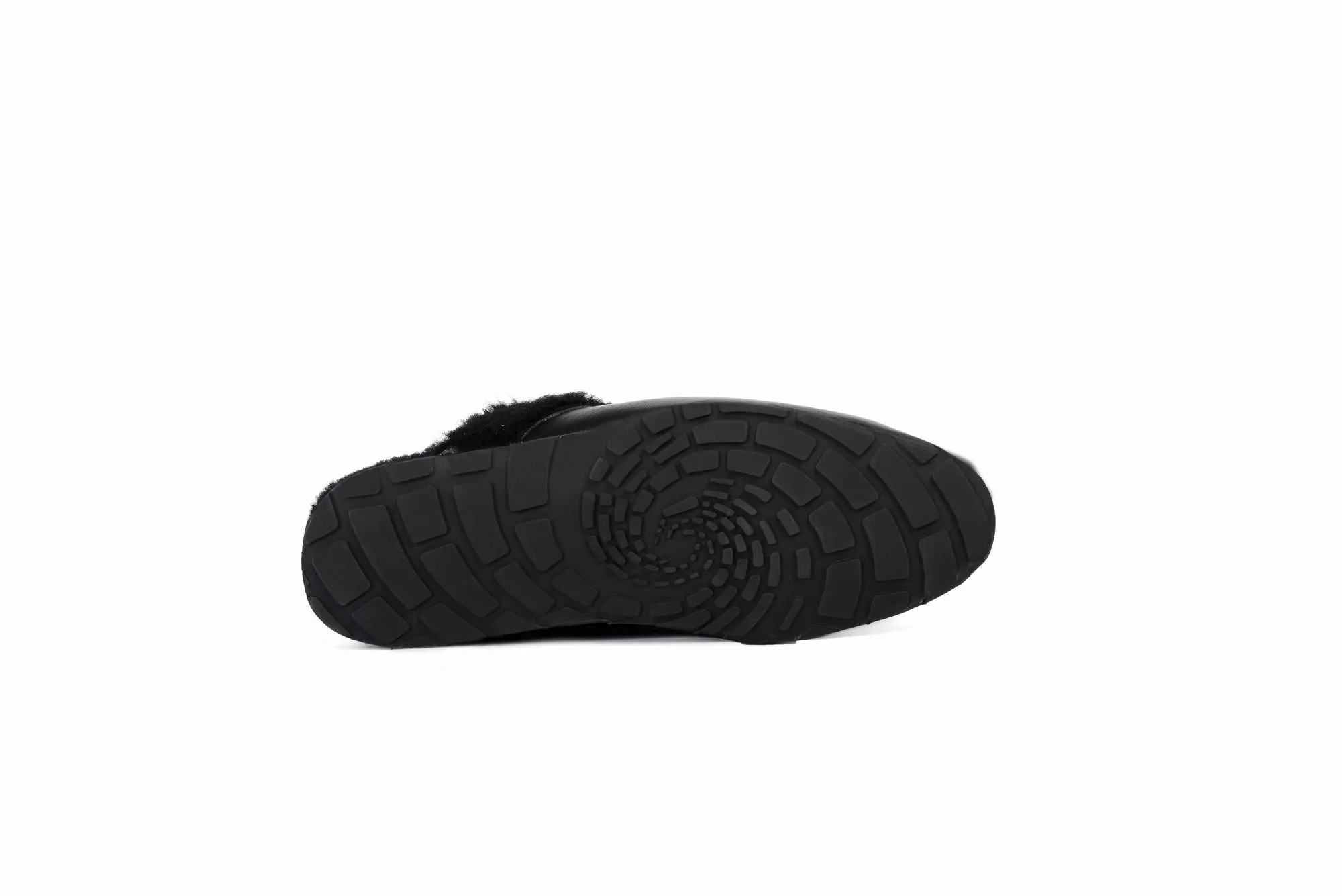 FOOT FEDERATION NATURAL FUR LINED MOC-TOE MEN'S LEATHER SLIPPER BLACK
