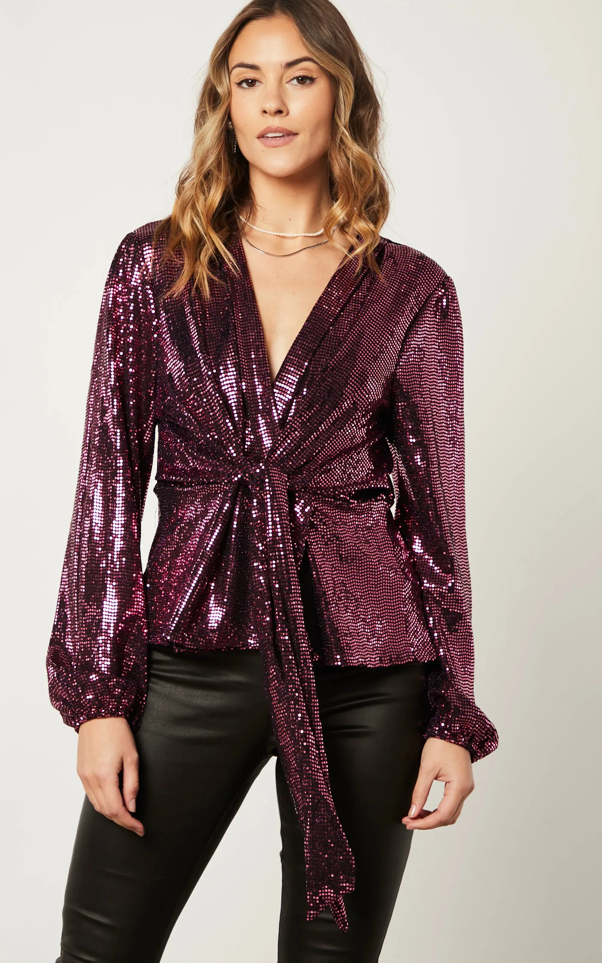 Glamorous Sequin Wrap Top in Rich Burgundy