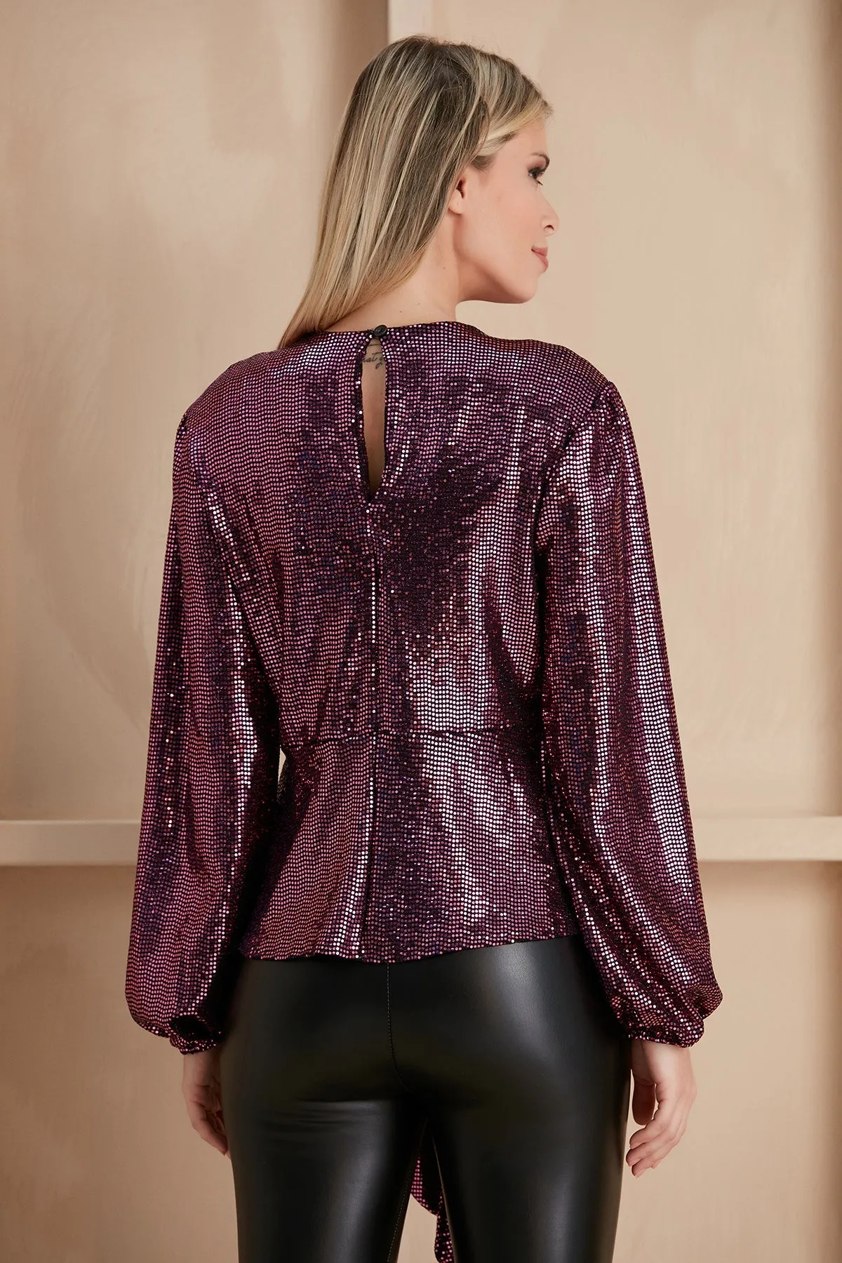Glamorous Sequin Wrap Top in Rich Burgundy