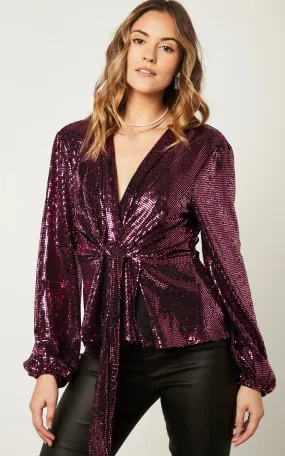 Glamorous Sequin Wrap Top in Rich Burgundy