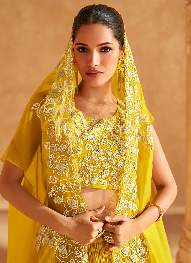 Golden Yellow Handwork Cape Style Lehenga Choli