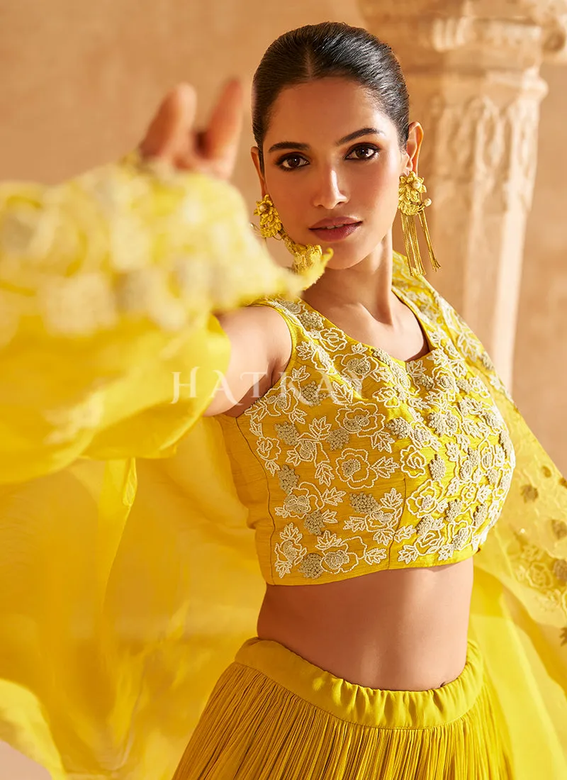 Golden Yellow Handwork Cape Style Lehenga Choli