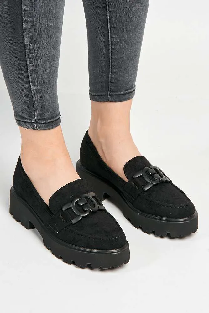 Lisa Chunky Sole Loafers in Black Suede