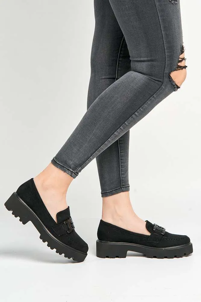 Lisa Chunky Sole Loafers in Black Suede