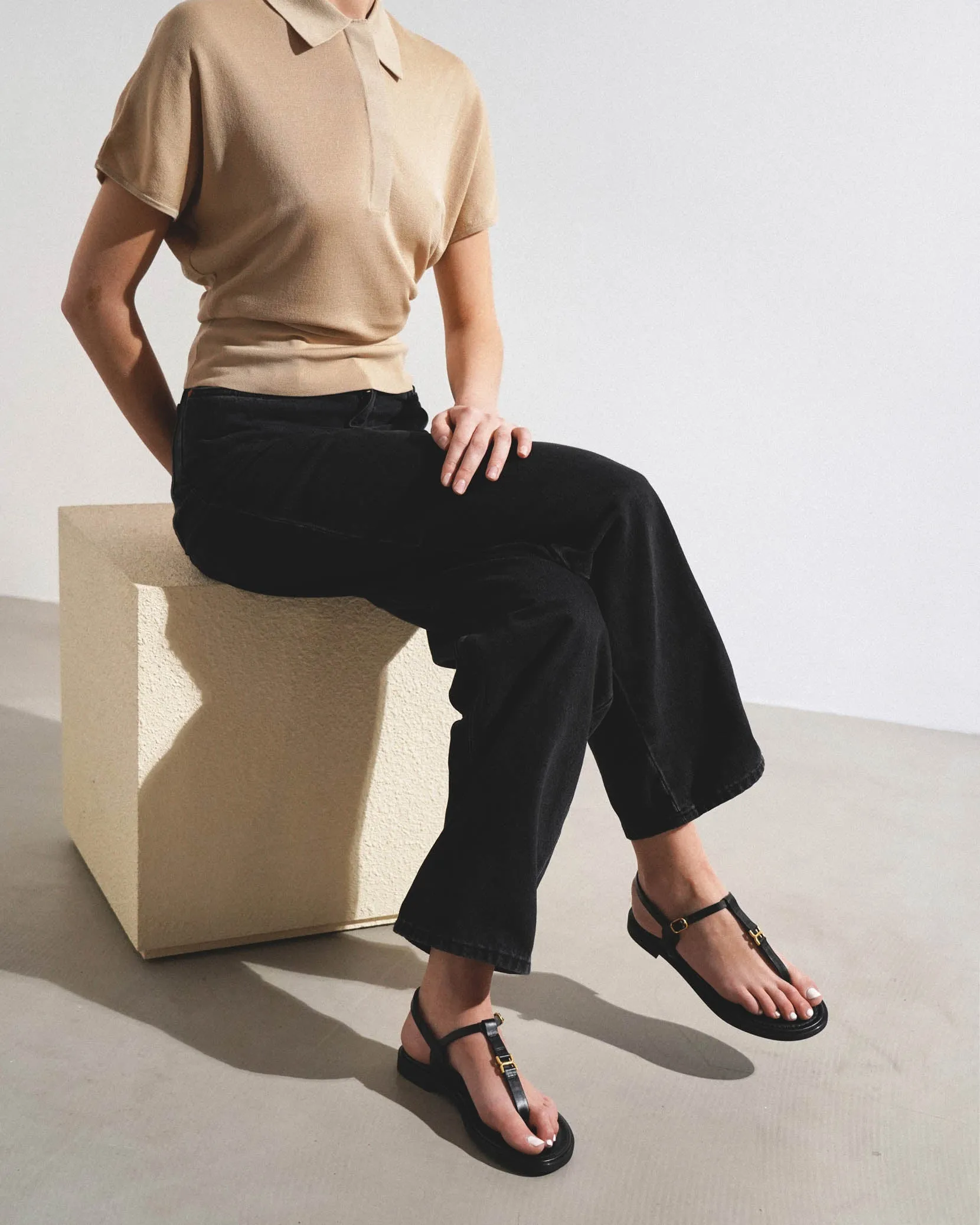 Marcie black leather flat sandals