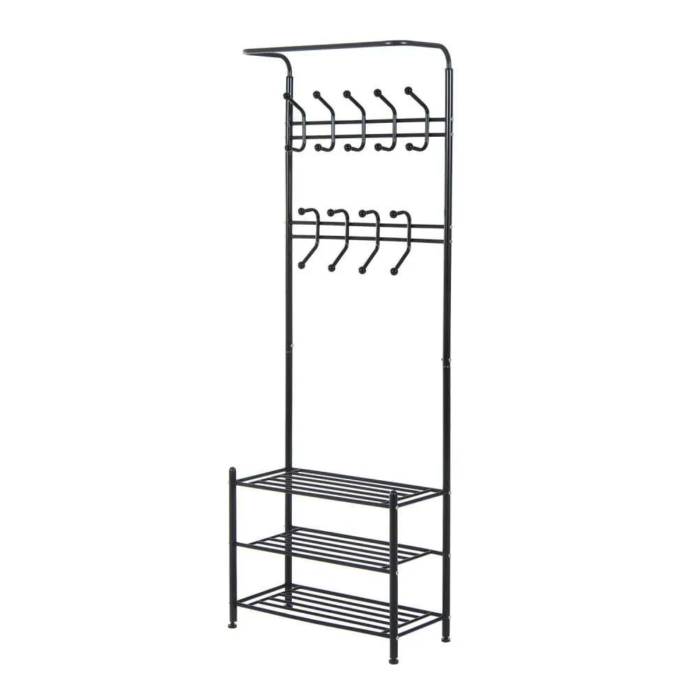Metal 18 Hooks 3 Tier Coat and Shoe Rack Stand Hat Clothes Organizer Umbrella Stands Entrance Hanger Hall Shelves - Black