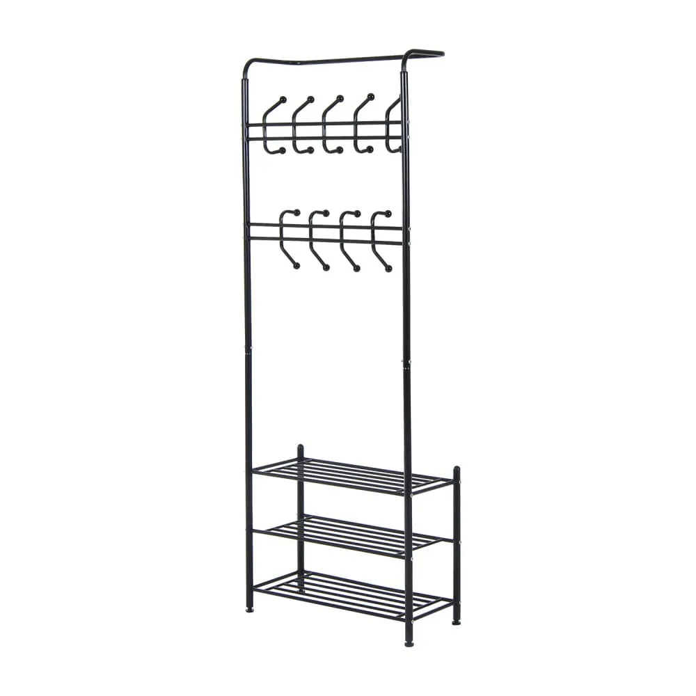 Metal 18 Hooks 3 Tier Coat and Shoe Rack Stand Hat Clothes Organizer Umbrella Stands Entrance Hanger Hall Shelves - Black