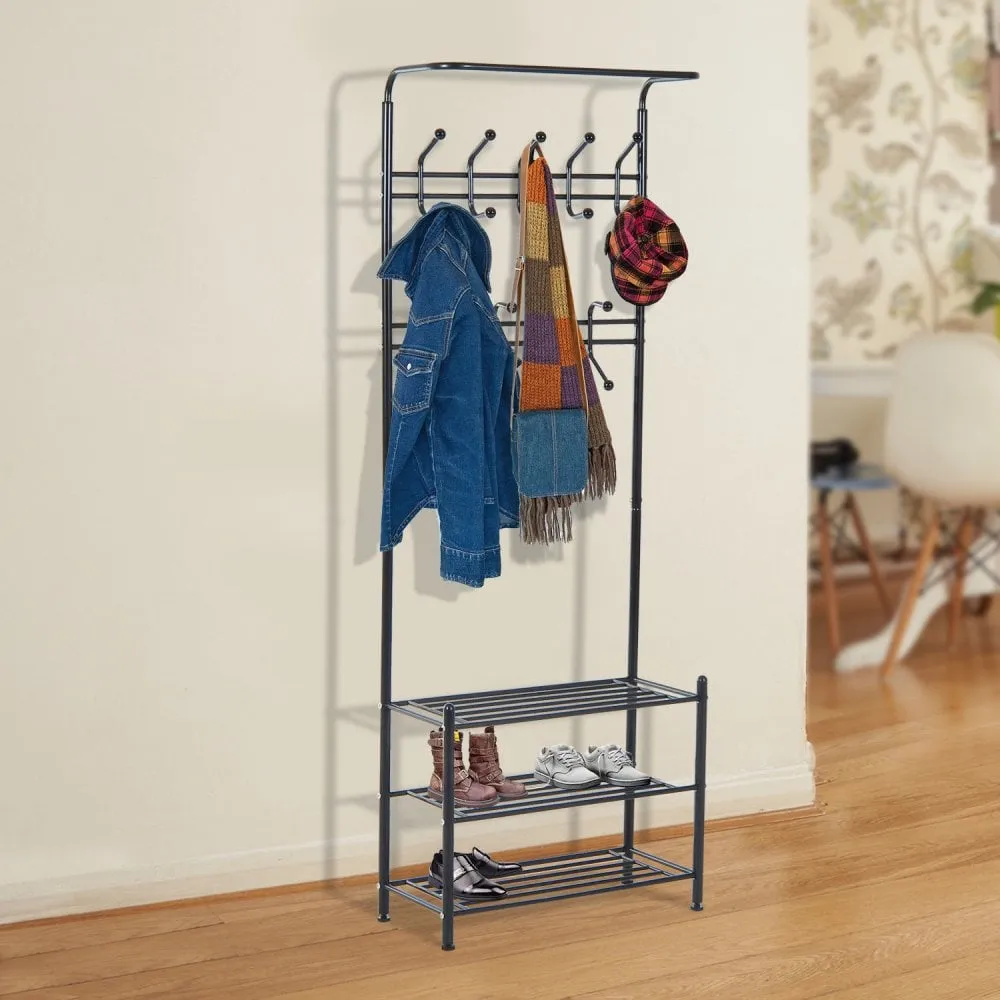 Metal 18 Hooks 3 Tier Coat and Shoe Rack Stand Hat Clothes Organizer Umbrella Stands Entrance Hanger Hall Shelves - Black