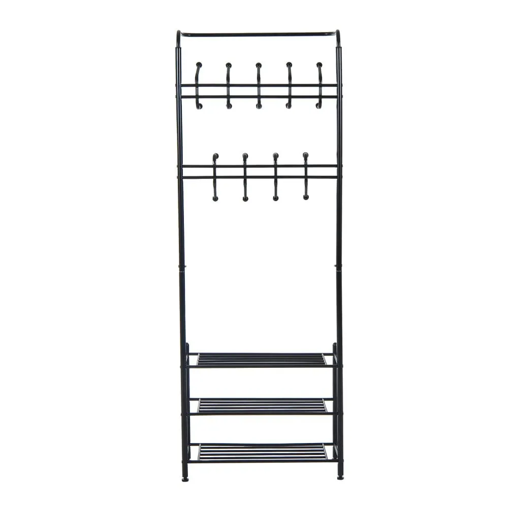 Metal 18 Hooks 3 Tier Coat and Shoe Rack Stand Hat Clothes Organizer Umbrella Stands Entrance Hanger Hall Shelves - Black