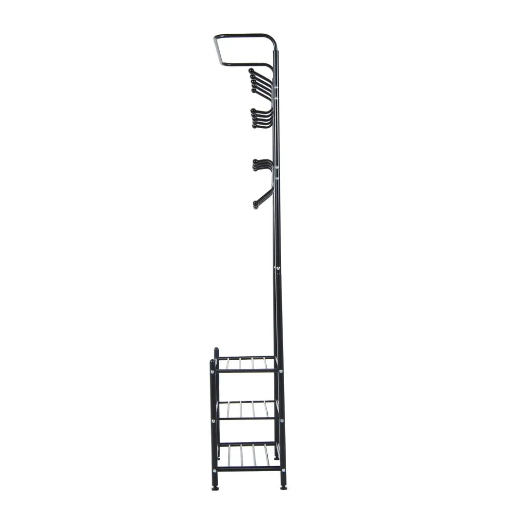 Metal 18 Hooks 3 Tier Coat and Shoe Rack Stand Hat Clothes Organizer Umbrella Stands Entrance Hanger Hall Shelves - Black