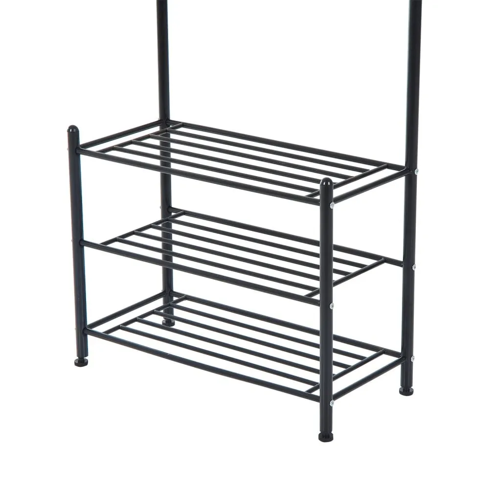 Metal 18 Hooks 3 Tier Coat and Shoe Rack Stand Hat Clothes Organizer Umbrella Stands Entrance Hanger Hall Shelves - Black