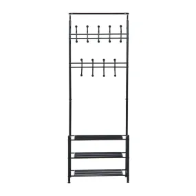 Metal 18 Hooks 3 Tier Coat and Shoe Rack Stand Hat Clothes Organizer Umbrella Stands Entrance Hanger Hall Shelves - Black