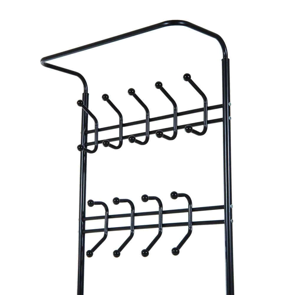 Metal 18 Hooks 3 Tier Coat and Shoe Rack Stand Hat Clothes Organizer Umbrella Stands Entrance Hanger Hall Shelves - Black