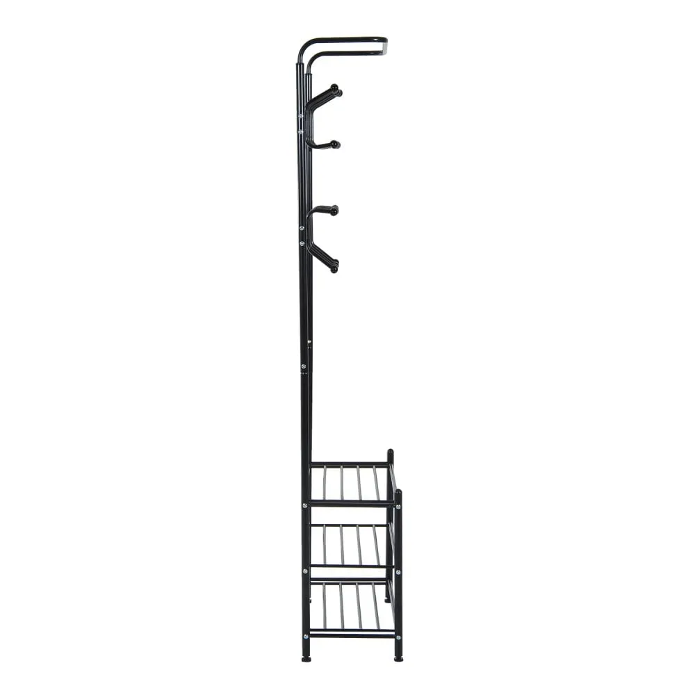 Metal 18 Hooks 3 Tier Coat and Shoe Rack Stand Hat Clothes Organizer Umbrella Stands Entrance Hanger Hall Shelves - Black