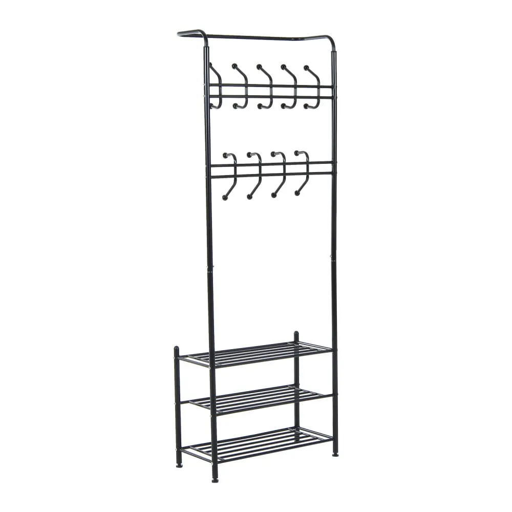 Metal 18 Hooks 3 Tier Coat and Shoe Rack Stand Hat Clothes Organizer Umbrella Stands Entrance Hanger Hall Shelves - Black