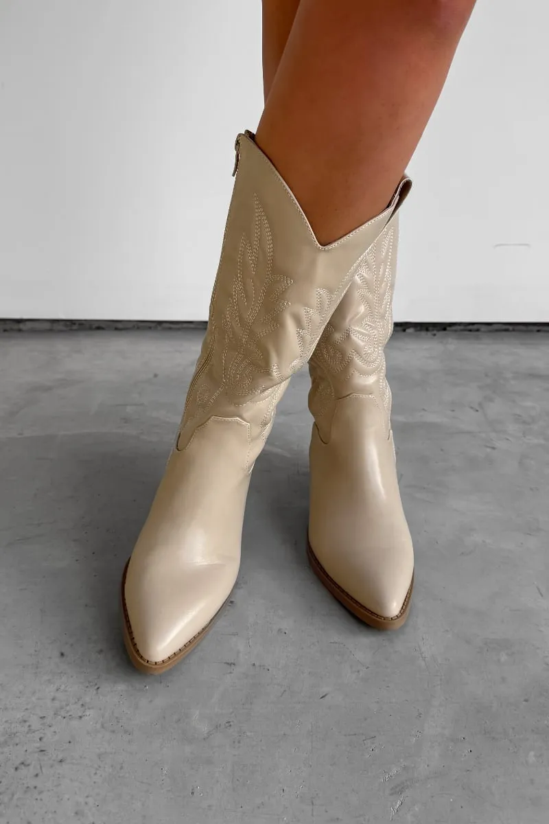 MINA Cowboy Western Ankle Boots - Beige