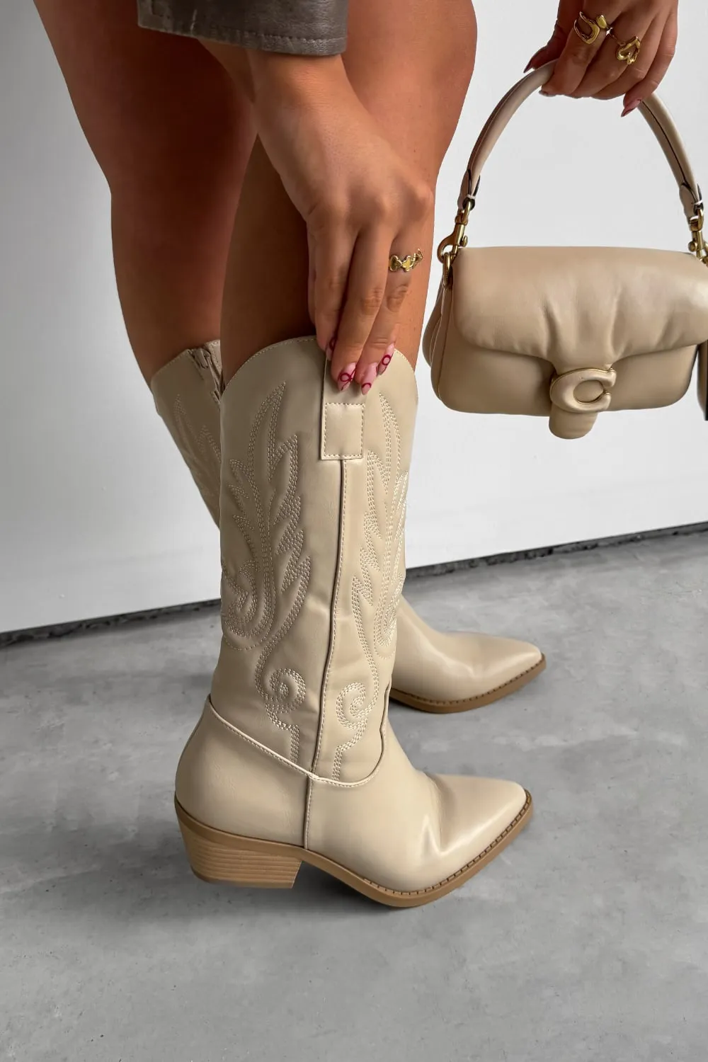 MINA Cowboy Western Ankle Boots - Beige
