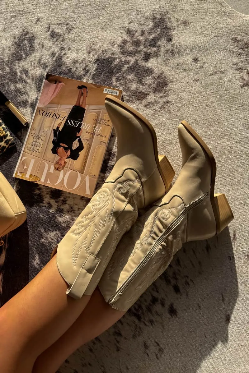 MINA Cowboy Western Ankle Boots - Beige