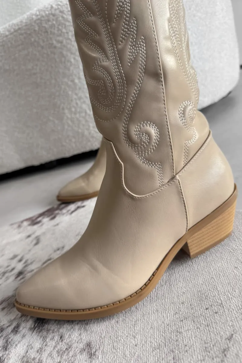 MINA Cowboy Western Ankle Boots - Beige