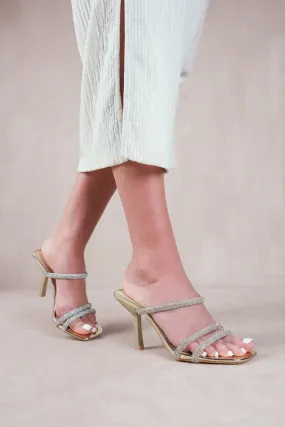 MOONSTONE STRAPPY SLIP ON LOW HEELS WITH DIAMANTE DETAIL IN GOLD METALLIC