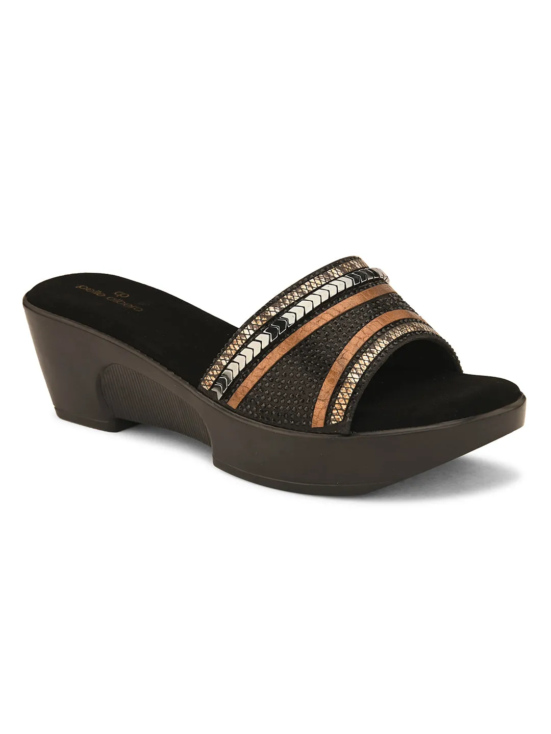 Pelle Albero Black Embossed Slip on Lightweight Comfortable Designer Heel Slipper Sandal For Women