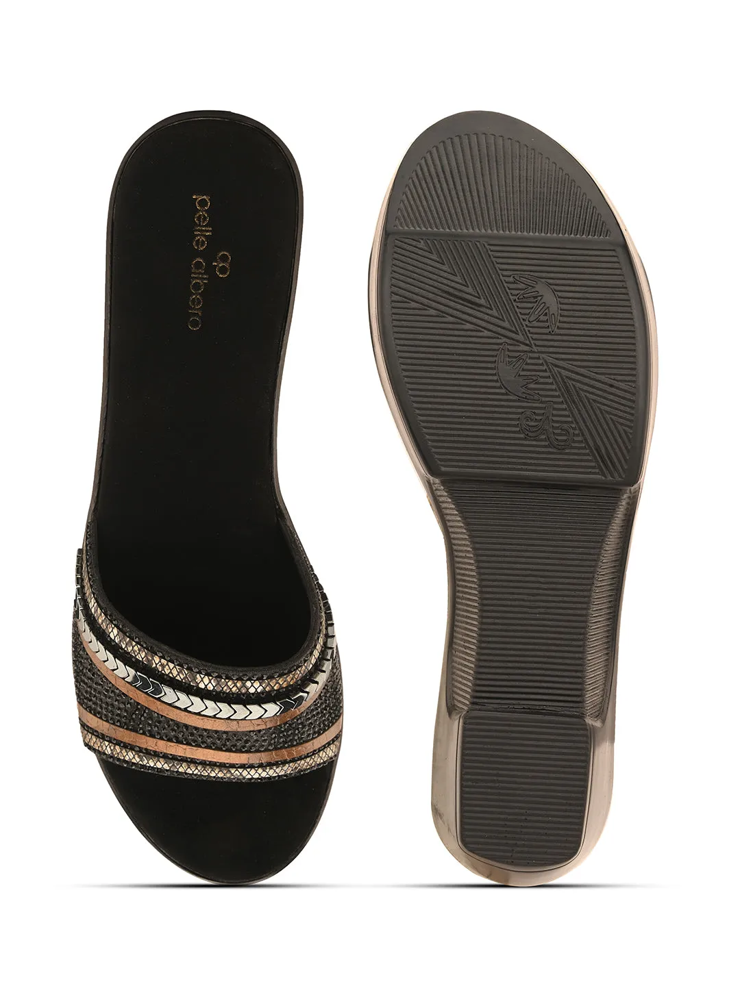 Pelle Albero Black Embossed Slip on Lightweight Comfortable Designer Heel Slipper Sandal For Women