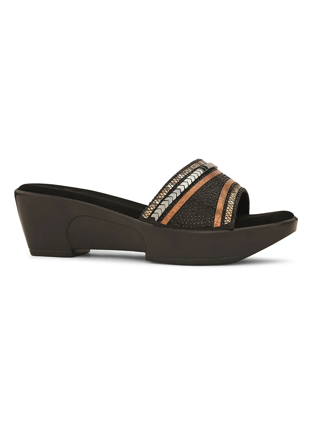 Pelle Albero Black Embossed Slip on Lightweight Comfortable Designer Heel Slipper Sandal For Women