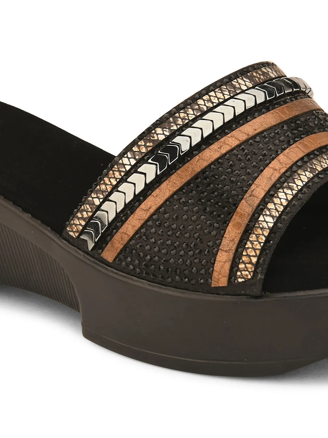 Pelle Albero Black Embossed Slip on Lightweight Comfortable Designer Heel Slipper Sandal For Women